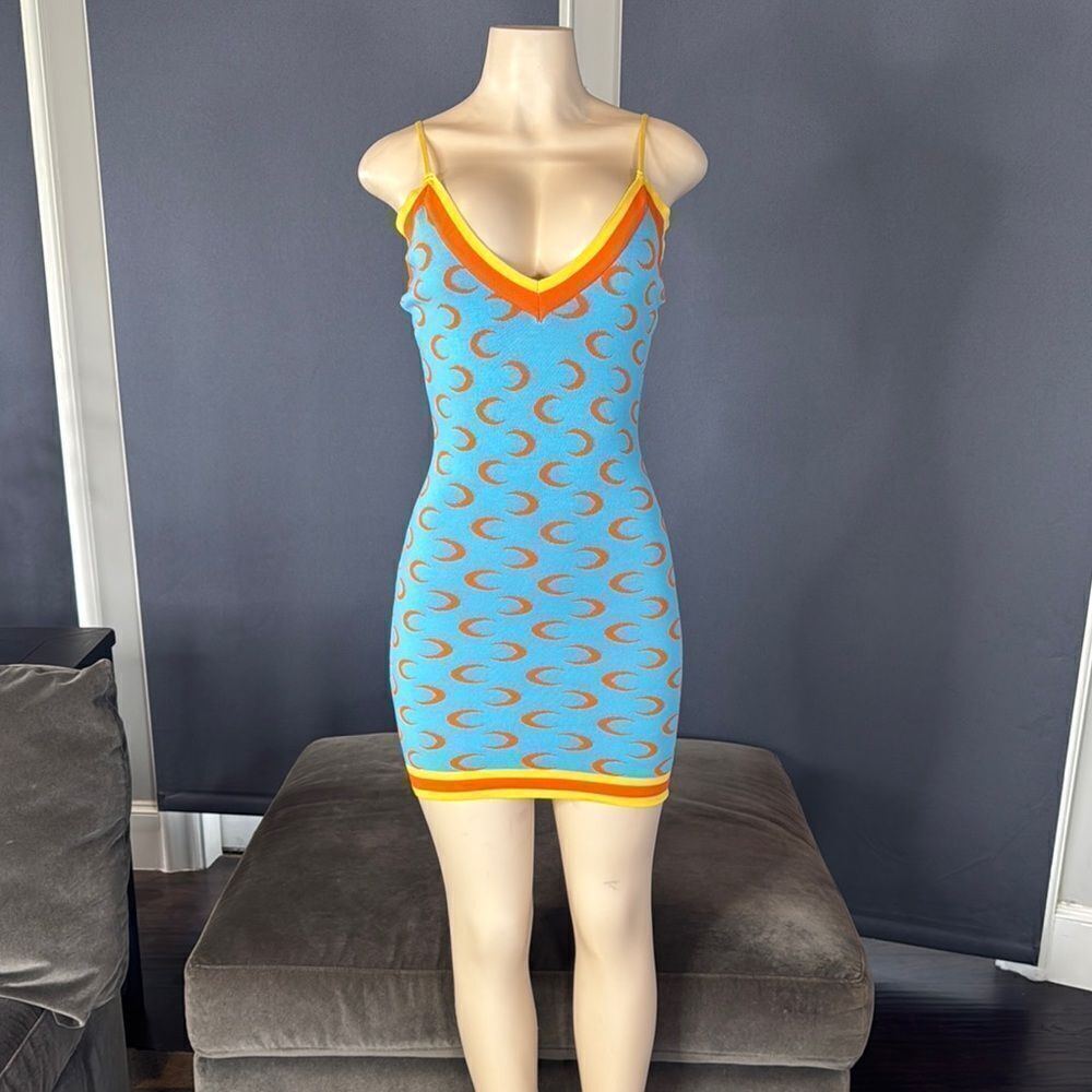 Women’s Blue BodyCon Mini Dress Crescent Pattern Adjustable Straps Size M NWT